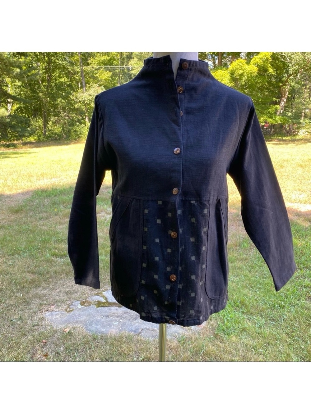 EASTERN SERENITY JACKET BLACK COTTON GRAY PRINT MANDARIN COLLAR BUTTON FRONT S